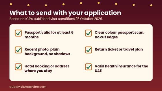 Checklist of Dubai tourist visa documents for a Diwali trip, from passport validity to health insurance